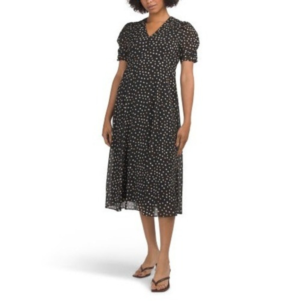 DKNY Polka Dot Midi Dress Womens 8 Black Pleated V-Neck Puff Sleeve Chiffon NWT